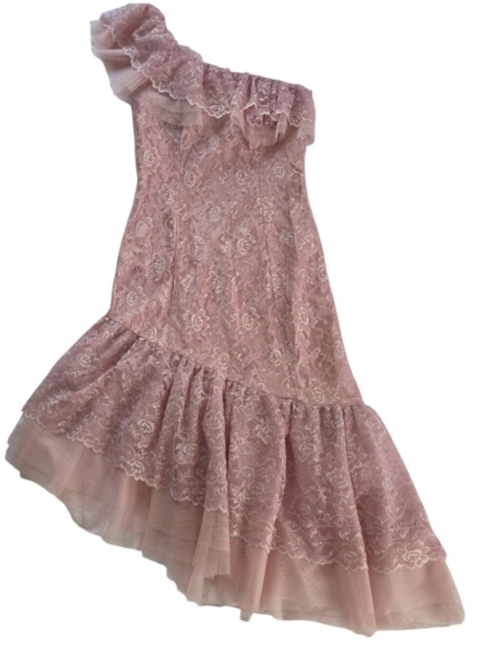 Vintage Asymmetrical One-Shoulder Pink Lace Dress with Ruffle Hem